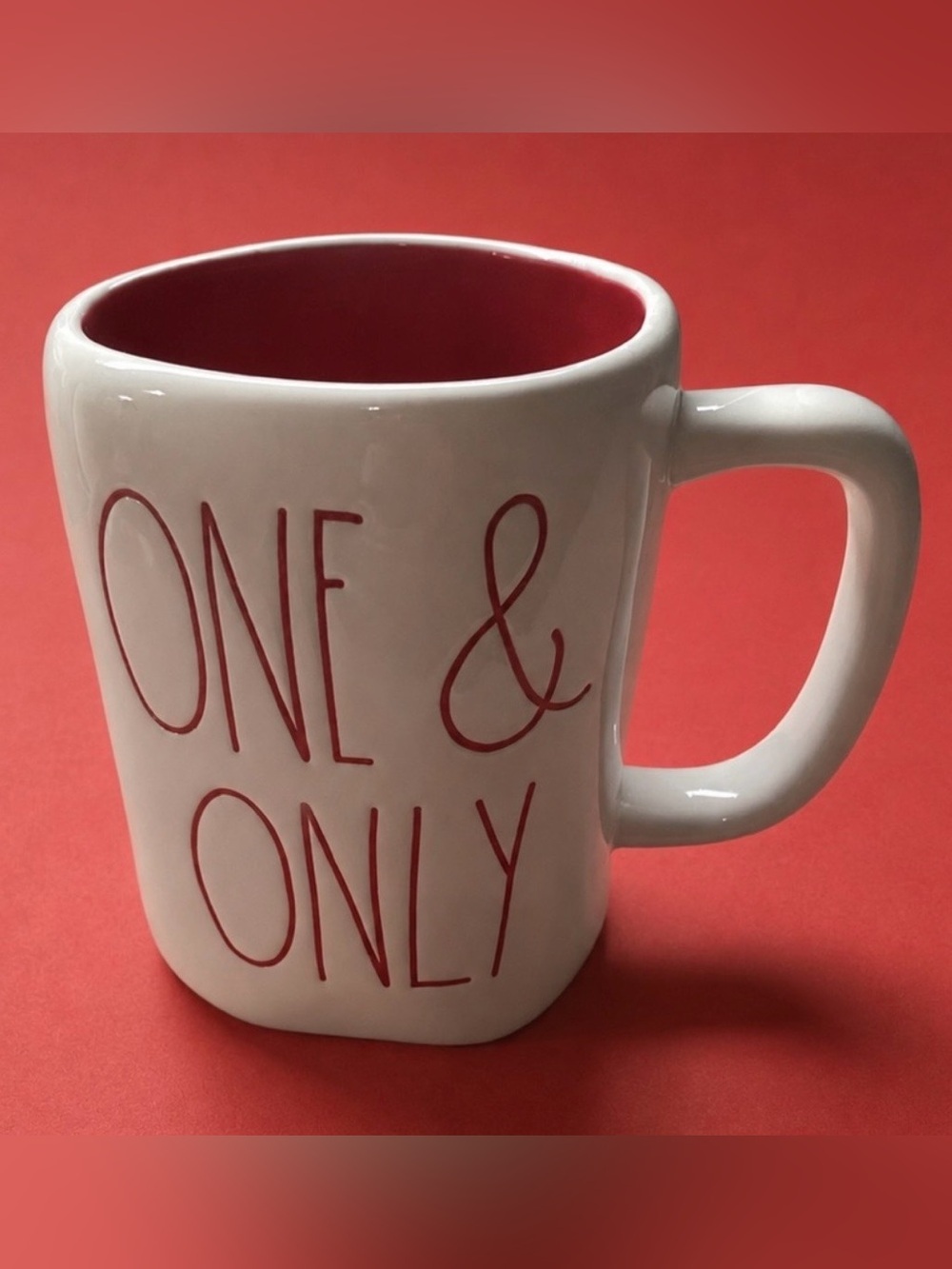 Rae Dunn White Ceramic Mug with Red Interior and Red Lettering